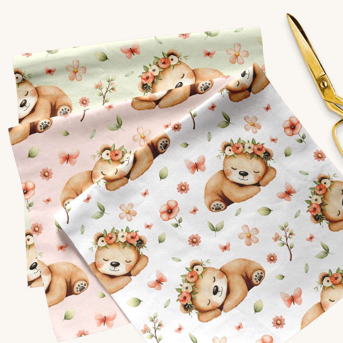 Seamless Cute Bear Pattern, Watercolor Floral Baby Animal Digital Paper ...