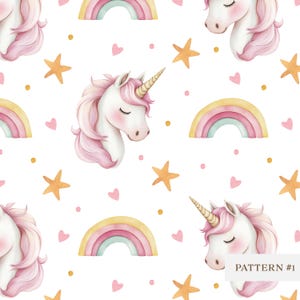 Patrón sin costuras de arcoíris de unicornio - Patrón de acuarela mágico - Papel digital - Patrón repetido para bebé - Diseño de tela para guardería - Papel tapiz para niños - Unicornio