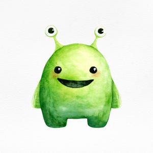 かわいい緑のエイリアンのクリップアートPNG、保育園、子供の工作、ステッカー、スクラップブッキング用の水彩モンスターイラスト、即時ダウンロード/昇華