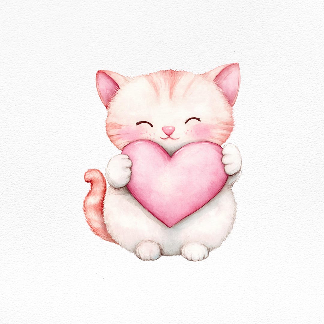 かわいいバレンタイン猫のクリップアート | 水彩画風のハートを持った