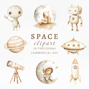 Conjunto de imágenes prediseñadas del espacio en acuarela PNG, lindos astronautas, robots, extraterrestres, planetas, luna, estrellas, naves espaciales, ilustraciones de cohetes, decoración para niños y guarderías
