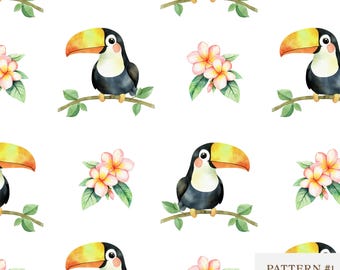 Tropical Toucan and Flower Seamless Pattern PNG, Jungle Bird Digital Print for Scrapbooking, Nursery Decor, Fabric Design, Sublimation File