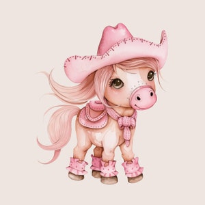 Pony vaquera clipart-Ilustración de acuarela animal-Imágenes prediseñadas de caballo-Impresión de bebé-Diseño de guardería-Uso comercial-Gráficos lindos para niños-Girly-Cowboy