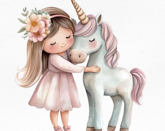 Mädchen und Einhorn Clipart PNG, magischer digitaler Download, Kinderzimmer Kunst, Kinderzimmer Dekor, Scrapbooking Grafiken, niedliches druckbares Design, Floral