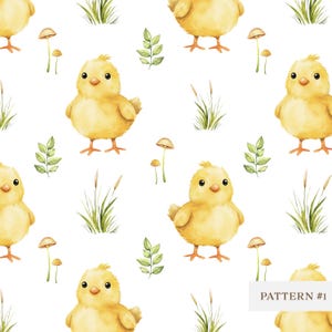 Aquarell Baby Küken Muster, niedlich Ostern Nahtloses digitales Papier, Scrapbooking, Stoffdesign, Kinderzimmer Dekor, Tier Frühling Handwerk PNG|JPEG