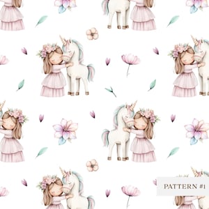 Patrón sin costuras de princesa - Patrón de acuarela de unicornio - Papel digital para niña - Patrón repetido de bebé - Diseño de tela para guardería - Papel tapiz para niños - Floral