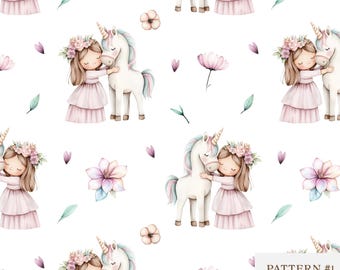 Princess seamless pattern-Unicorn Watercolor Pattern-Girl Digital Paper-Baby repeating pattern-Nursery fabric design-Kids Wallpaper-Floral
