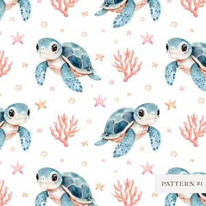 Nahtloses Meeresschildkröten-Muster, niedliche Ozean-Babytiere, Aquarell-Meeresleben, Digitaler Stoffdruck, Kinderzimmer-Sublimationsdesign|Digitales Papier
