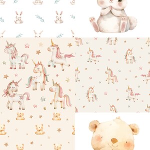 May include: Four seamless patterns featuring watercolour illustrations of a white bunny, a unicorn, a bear, and stars. The patterns are on a white and cream background.