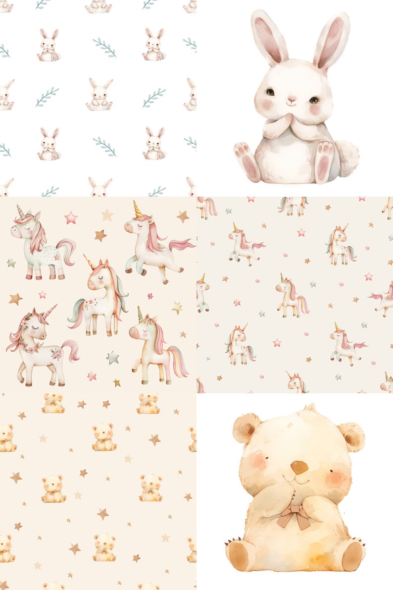 May include: Four seamless patterns featuring watercolour illustrations of a white bunny, a unicorn, a bear, and stars. The patterns are on a white and cream background.