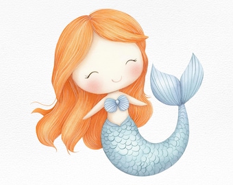 Cute Mermaid Clipart PNG, Watercolor Mermaid Illustration, Under the Sea Digital Download, Nursery Wall Art, Kids Room Printable Decor