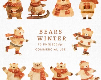 Acuarela lindo oso de peluche Clipart-Uso comercial Clip Art-Diseño de acuarela-Animales de invierno-Navidad-Imágenes de osos-Oso del bosque-Sublimación