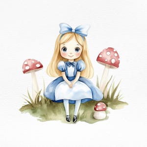 Alice au pays des merveilles Clipart - Illustration mignonne de conte de fées, impression de livre de contes pour chambre d'enfant, art mural fantaisiste, téléchargement immédiat PNG, sublimation