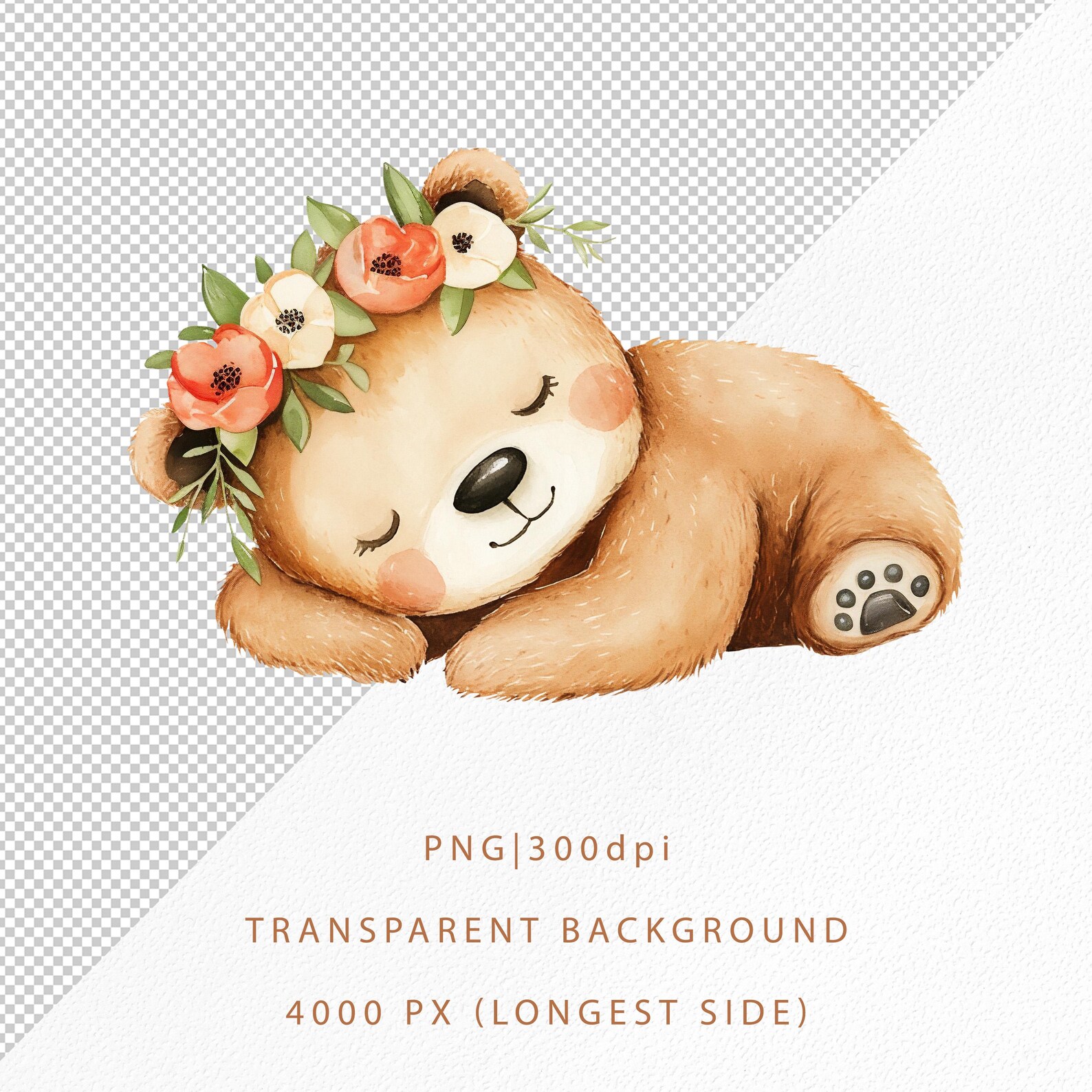 Watercolor Sleeping Bear Clipart, Floral Baby Animal Illustration, Cute ...