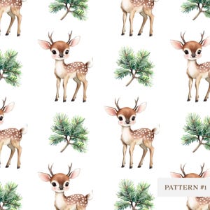 Acquerello Baby Deer Seamless Pattern, Carta digitale, Scrapbooking, Arte per bambini PNG, Artigianato natalizio, Grazioso motivo di fauna selvatica della foresta