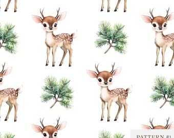 Watercolor Baby Deer Seamless Pattern, Digital Paper, Scrapbooking, Nursery Art PNG, Christmas Crafts, Cute Forest Wildlife Pattern Design