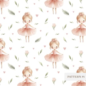 Puede incluir: Un patrón sin costuras con ilustraciones de acuarela de bailarinas con tutús rosas, flores rosas y hojas verdes sobre un fondo blanco. El patrón está etiquetado como "PATTERN #1".