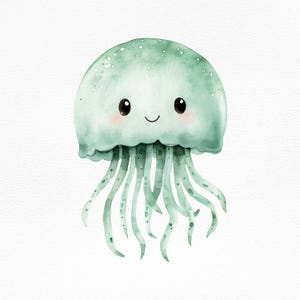 Niedliche Aquarell Qualle Clipart, Kawaii Ozean Meer Leben Druck, Grüne Meerestier Illustration, Unterwasser Digitale Kunst PNG|Sublimationsdatei