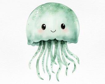 Clipart de medusas de acuarela, impresión kawaii de vida marina oceánica, ilustración de animales marinos verdes, arte digital submarino (archivo PNG/sublimación)