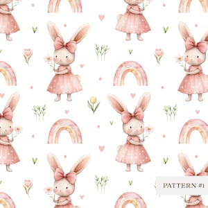 Patrón sin costuras de conejito de acuarela, lindo papel digital de Pascua, tela para guardería de niña, tela de conejo pastel, diseño de álbum de recortes de guardería PNG