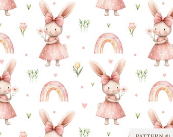 Akvarell kanin sömlöst mönster, söt påsk digitalt papper, babyflicka barnrumstyg, pastellfärgat kanintyg, barnrum scrapbookingdesign PNG