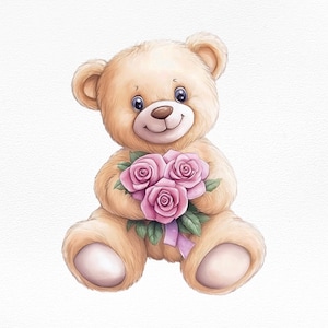 Watercolor Adorable Teddy Bear with Pink Roses Bouquet Clipart, Valentine&#39;s Day Digital Illustration, Nursery Wall Art, Sublimation PNG File