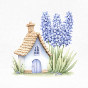 Cottagecore House Clipart - Whimsical Watercolor Home, Floral Digital Art, Fairytale Printable, Cute Tiny House, Hyacinth Spring Flower PNG