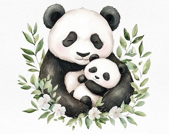 Mama Panda Clipart, Watercolor Panda Clipart, Cute Baby Panda Clip art, Panda Illustration, Baby Panda PNG, Transparent PNG, Commercial use