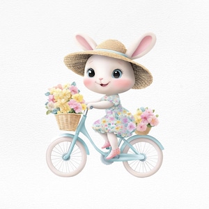 Clipart di coniglietto primaverile, simpatico coniglio in bicicletta con fiori, coniglietto pasquale pastello in formato PNG, illustrazione di animali per baby shower, sublimazione