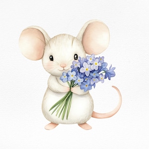 Schattige muis clipart PNG - Cottagecore aquarel dierenprint, bloemen muis kunst, wanddecoratie kinderkamer, afdrukbare illustratie, Instant Download