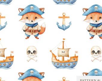 Cute Pirate Fox Seamless Pattern, Nautical Nursery Wallpaper, Kids Room Decor, Watercolor Pirate Animal, Digital Scrapbook Paper, Fabric