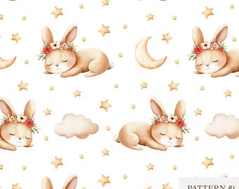 Sleeping Bunny Seamless Pattern | Cute Baby Rabbit Digital Paper, Nursery Moon and Stars Background, Woodland Animal Fabric Design PNG