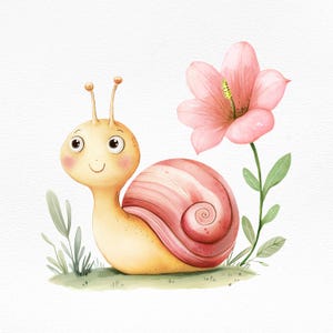 かわいいカタツムリの水彩画クリップアート PNG、保育園の壁アート、森の動物のイラスト、デジタルダウンロード、子供部屋の装飾、春の自然アート
