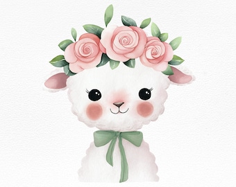Cute Lamb with Floral Crown Clipart – Baby Sheep Wall Art, Nursery Animal Print, Baby Shower Illustration, Farm Animal Digital Download PNG