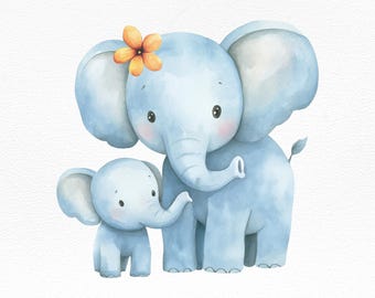 Aquarel olifant clipart mama en baby, safari dieren digitale download, babyshower graphics/decor kinderkamer/sublimatiebestand/schattige olifant