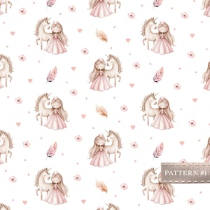 Patrón sin costuras de princesa-Patrón de acuarela de unicornio-Papel digital para niña-Patrón repetido para bebé-Diseño de tela para guardería-Papel tapiz para niños