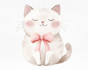 ピンクのリボンが付いたかわいい水彩猫のPNGクリップアート、女の子の