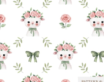 Seamless Lamb Pattern with Flowers, Cute Baby Sheep Digital Paper, Farm Animal Nursery Background, Baby Shower Scrapbook Download|Fabric PNG