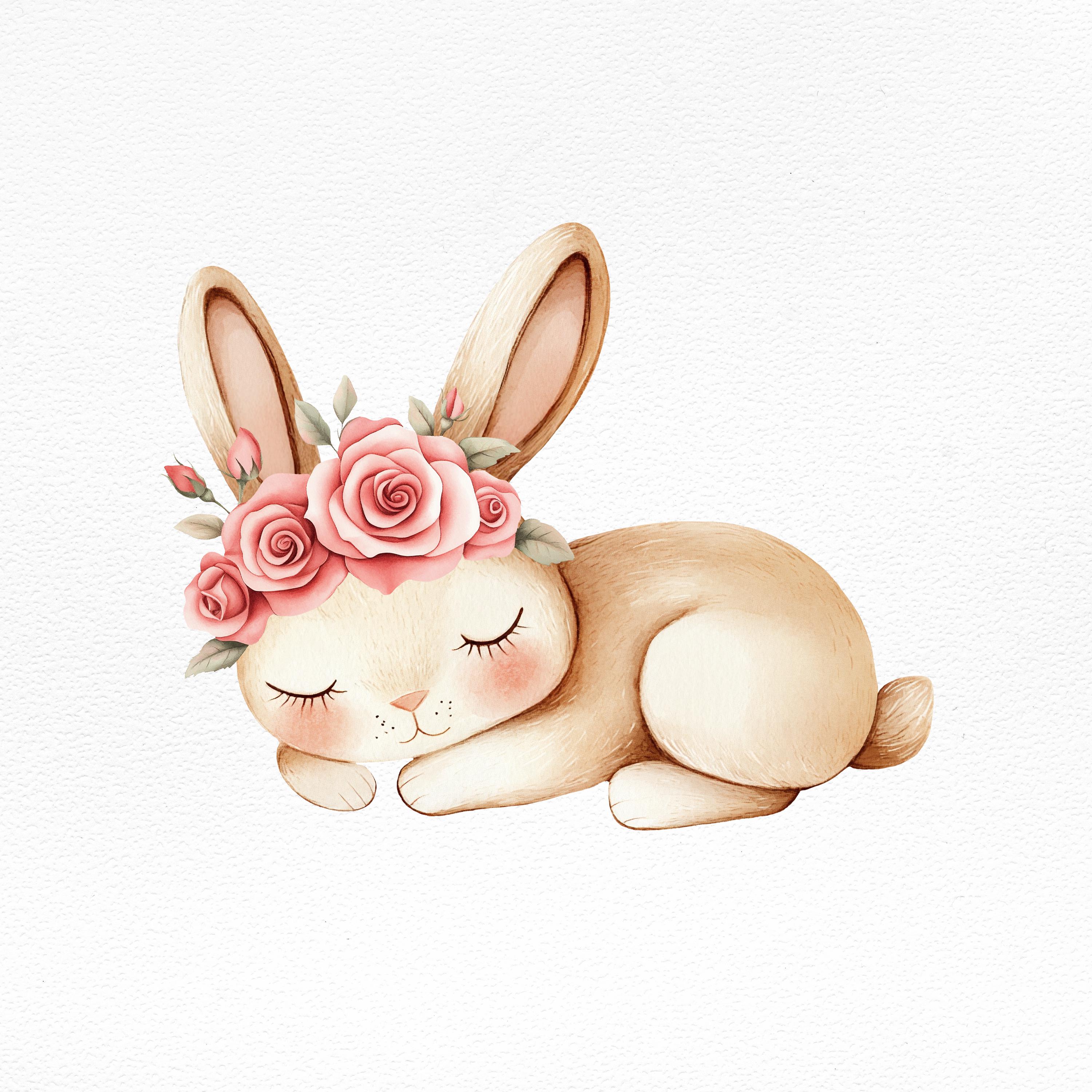 眠っているウサギのクリップアート、バラの冠をつけた水彩画の赤ちゃん