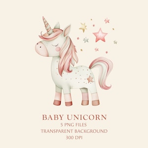 Imágenes prediseñadas de unicornio - Ilustración de acuarela de unicornio - Imágenes prediseñadas de animales - Impresión para bebé - Diseño de impresión para guardería - Uso comercial - Gráfico PNG para niños lindos