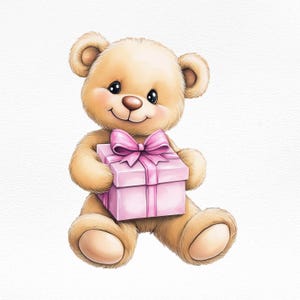 Ilustração de ursinho de pelúcia fofo com caixa de presente rosa, clipart de dia dos namorados, arte de berçário infantil, arte de parede para impressão, download digital, arquivo PNG