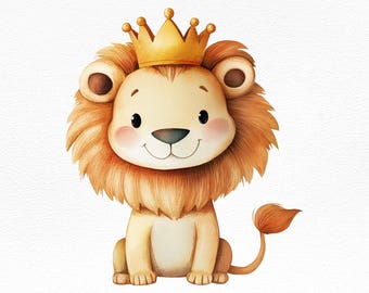 王冠をかぶったかわいい子ライオンのクリップアート | ジャングルの動物イラスト | サファリの子供部屋の壁アート | 昇華プリント用PNG | デジタルダウンロード | ライオンキング