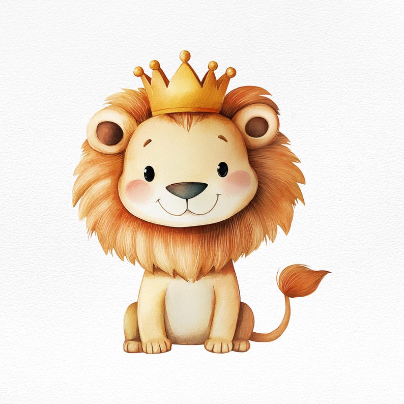 May include: A watercolor illustration of a cute lion cub wearing a gold crown. The lion has a tan body, a fluffy orange mane, and a small, curled tail. The lion is sitting upright with a happy expression, and the background is white.