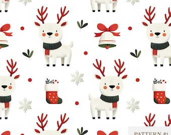 May include: A repeating pattern featuring white reindeer with red antlers, black scarves, and red and black striped scarves. The design also includes red Christmas stockings, snowflakes, and bells with red bows, all on a white background. The text "PATTERN #1" is at the bottom.