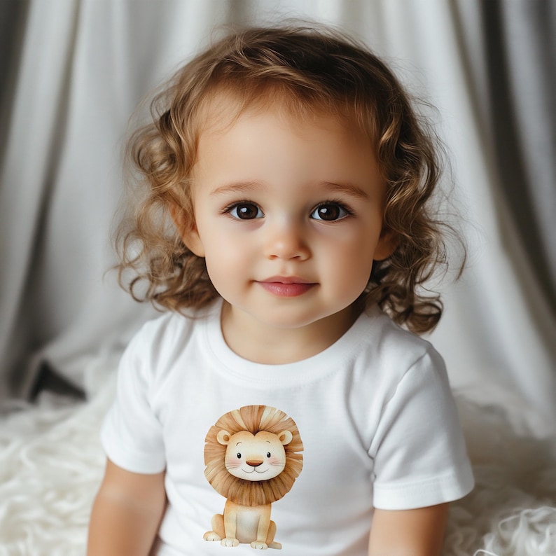 May include: A young child wearing a white t-shirt with a cartoon lion graphic. The lion is brown with a yellow mane and is sitting on its hind legs.