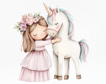 May include: A watercolour illustration of a girl wearing a pink dress and a flower crown hugging a white unicorn with a pink and blue mane.