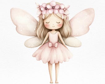 水彩画の妖精のイラスト、ピンクの妖精のアートプリント、子供部屋の