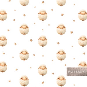 May include: A repeating pattern of fluffy, cream-colored sheep and small brown stars on a white background. The sheep have closed eyes and are evenly spaced. The text "PATTERN #1" is on a gray label.
