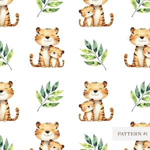 Joli modèle sans couture de tigre avec des feuilles, papier numérique de bébé animal de la jungle, impression aquarelle de maman et petit tigre pour travaux manuels pour enfants/création de tissus