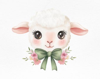 Clipart di agnello carino con fiori - Download digitale di pecorella, decorazione murale per cameretta dei bambini, illustrazione pasquale, file PNG stampabile per baby shower